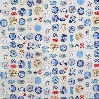 cotton - Cat Bowls & Dishes fabric Natural - FO:REST Fabric 布恩堂Liberty fabrictana lawnjapanese fabricykk zipper
