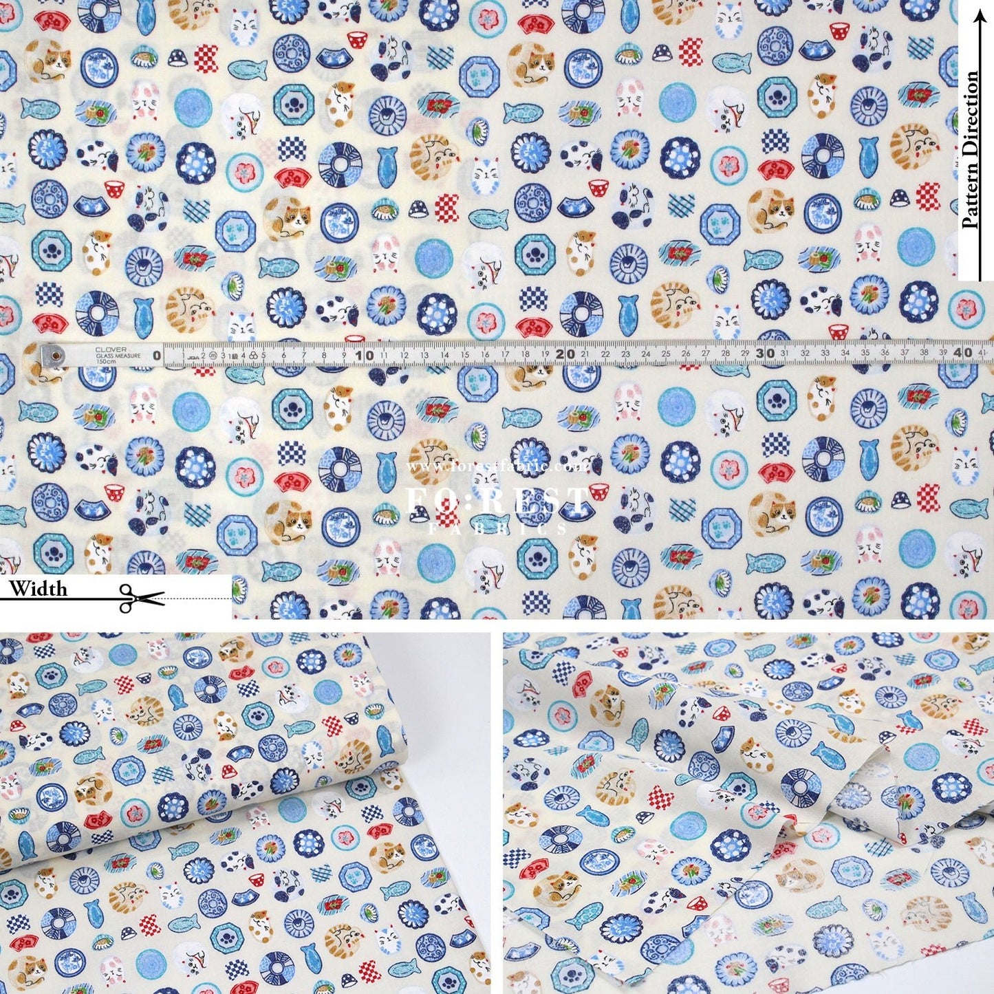cotton - Cat Bowls & Dishes fabric Natural - FO:REST Fabric 布恩堂Liberty fabrictana lawnjapanese fabricykk zipper