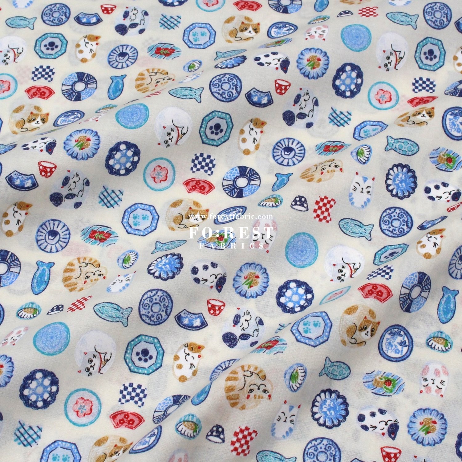 cotton - Cat Bowls & Dishes fabric Natural - FO:REST Fabric 布恩堂Liberty fabrictana lawnjapanese fabricykk zipper