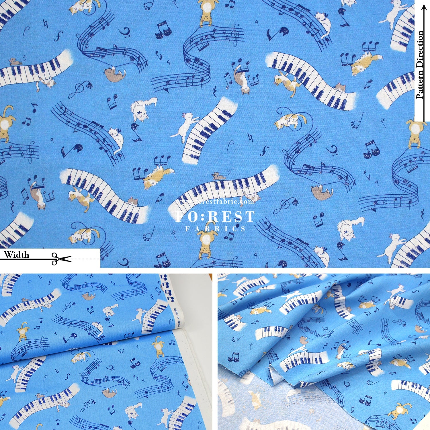 cotton - Dancing Cats Piano fabric Blue - FO:REST Fabric 布恩堂Liberty fabrictana lawnjapanese fabricykk zipper