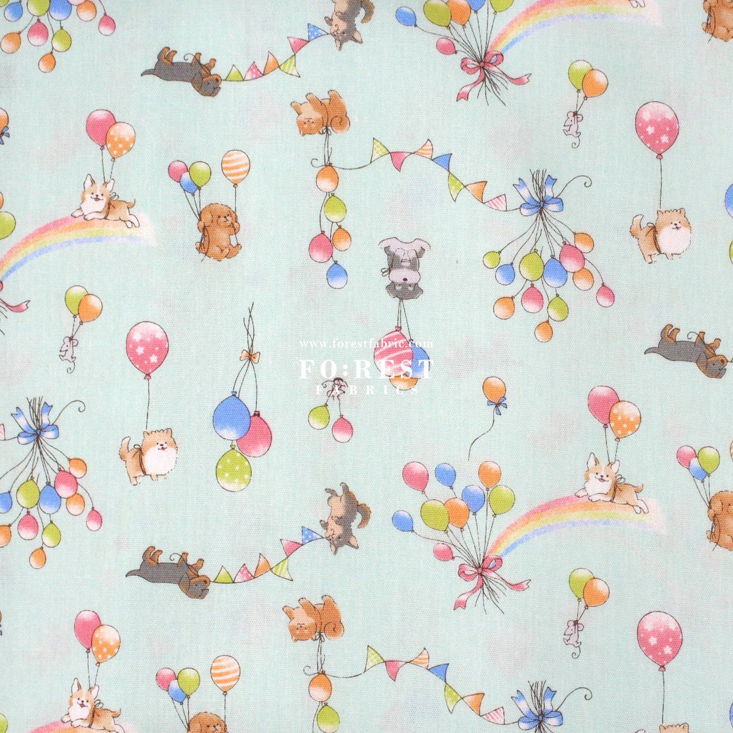 cotton - Dogs Party Balloon fabric Mint - FO:REST Fabric 布恩堂Liberty fabrictana lawnjapanese fabricykk zipper