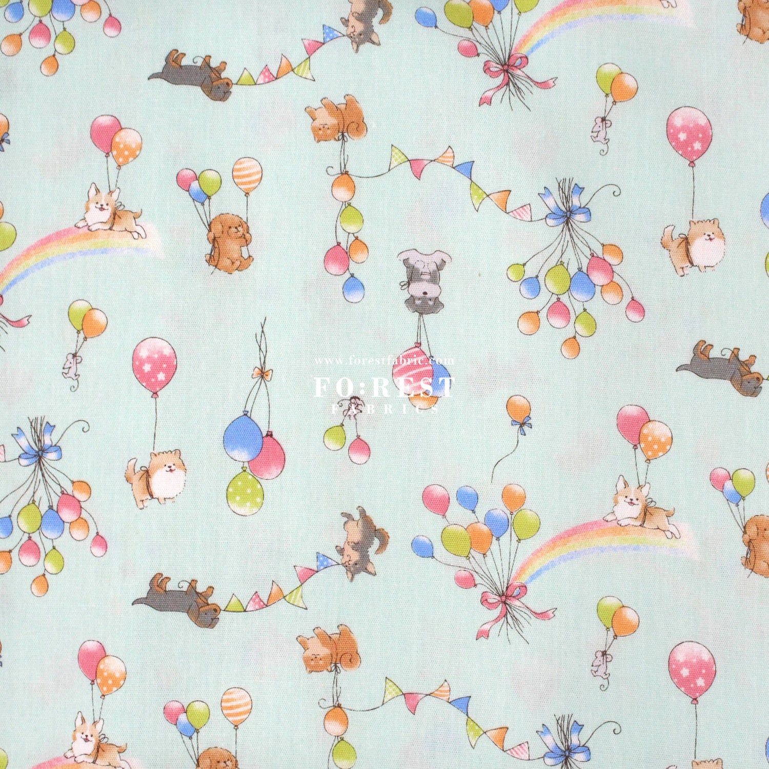 cotton - Dogs Party Balloon fabric Mint - FO:REST Fabric 布恩堂Liberty fabrictana lawnjapanese fabricykk zipper