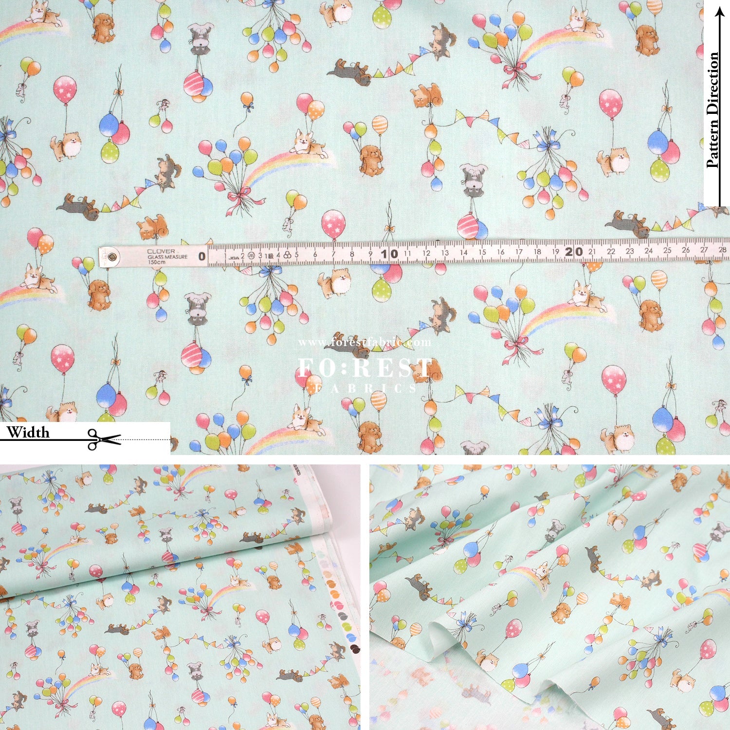 cotton - Dogs Party Balloon fabric Mint - FO:REST Fabric 布恩堂Liberty fabrictana lawnjapanese fabricykk zipper