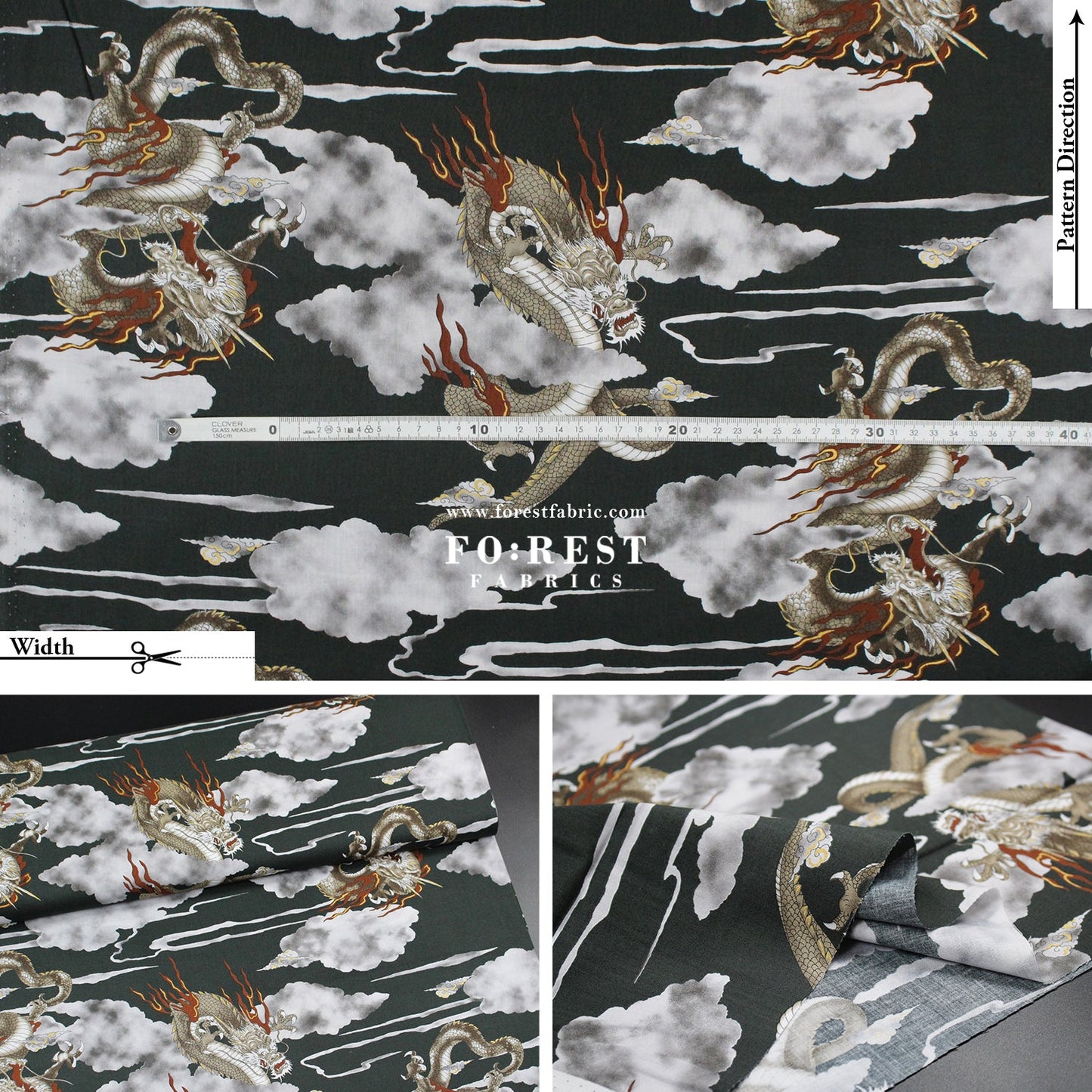 cotton - Dragon with metallic fabric Black - FO:REST Fabric 布恩堂Liberty fabrictana lawnjapanese fabricykk zipper