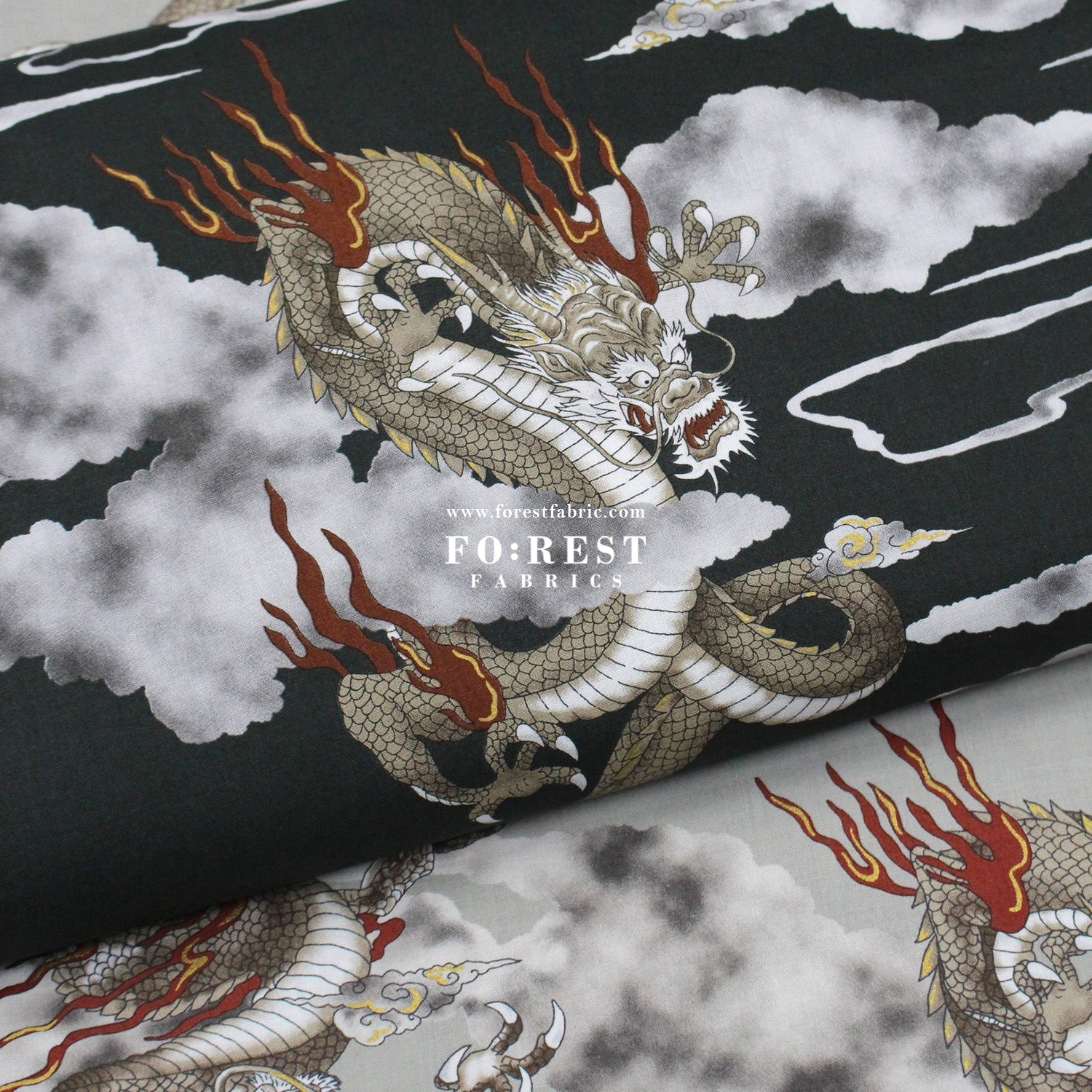 cotton - Dragon with metallic fabric Black - FO:REST Fabric 布恩堂Liberty fabrictana lawnjapanese fabricykk zipper