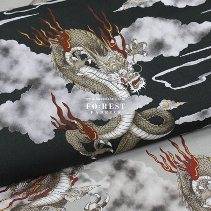 cotton - Dragon with metallic fabric Black - FO:REST Fabric 布恩堂Liberty fabrictana lawnjapanese fabricykk zipper