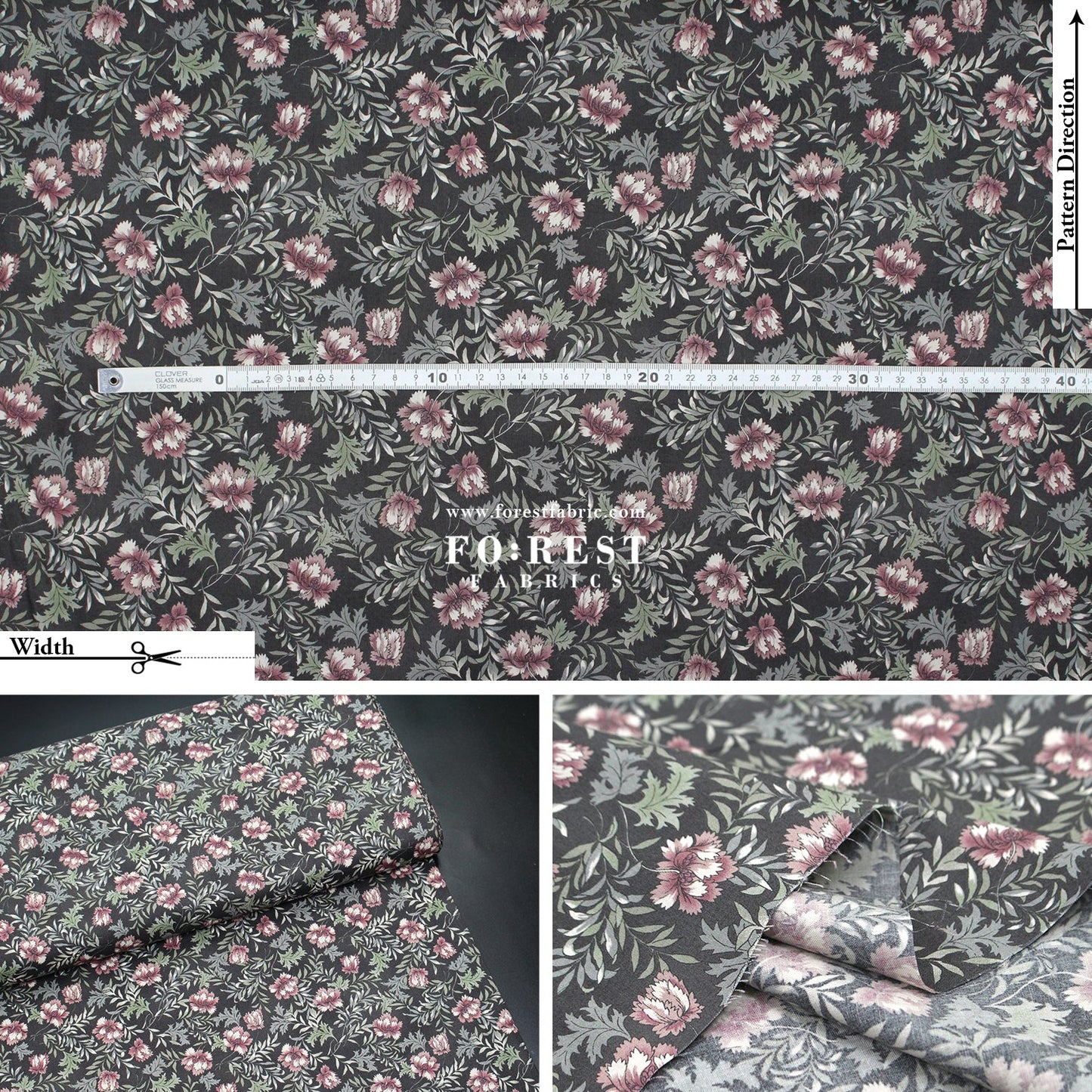 cotton - Dried Flowers fabric Charcoal Black - FO:REST Fabric 布恩堂Liberty fabrictana lawnjapanese fabricykk zipper