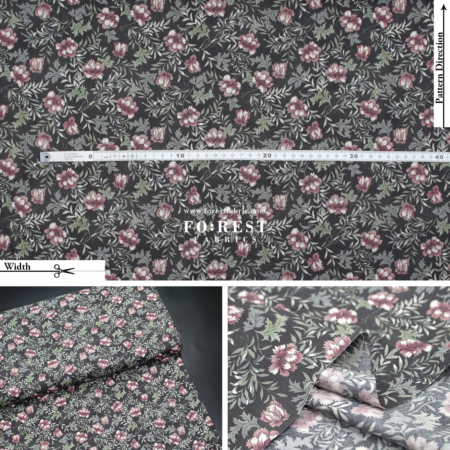 cotton - Dried Flowers fabric Charcoal Black - FO:REST Fabric 布恩堂Liberty fabrictana lawnjapanese fabricykk zipper
