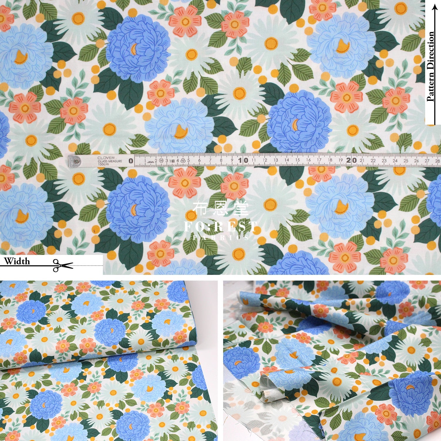 Cotton - Floral Daydream Blue Metallic Fabric