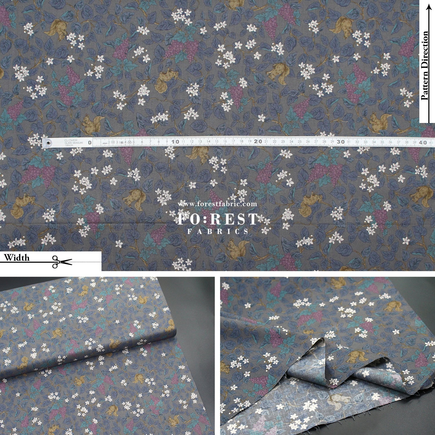 cotton - Flowers Squirrel fabric Charcoal Black - FO:REST Fabric 布恩堂Liberty fabrictana lawnjapanese fabricykk zipper
