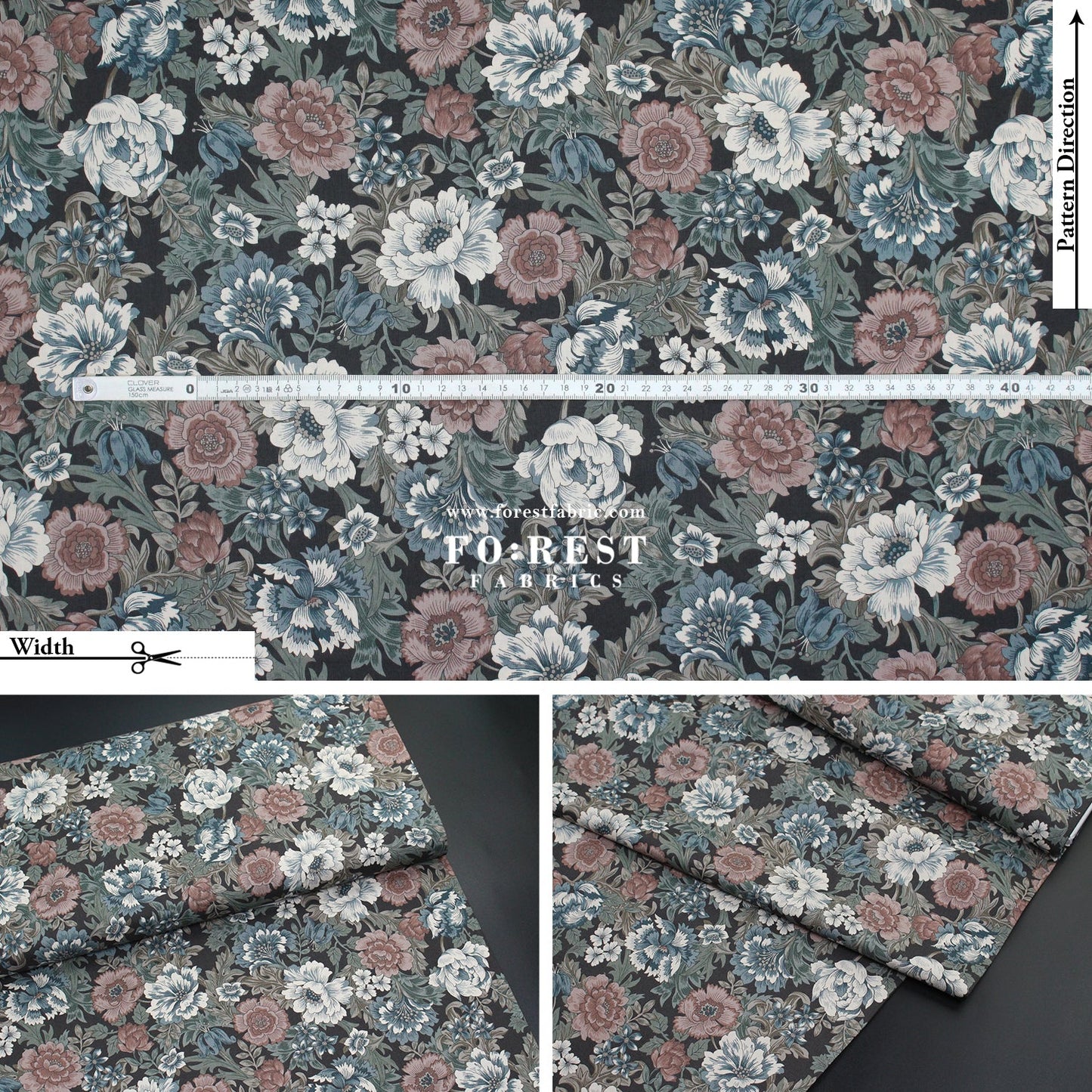 cotton - Gentle Flowers fabric Charcoal Black - FO:REST Fabric 布恩堂Liberty fabrictana lawnjapanese fabricykk zipper