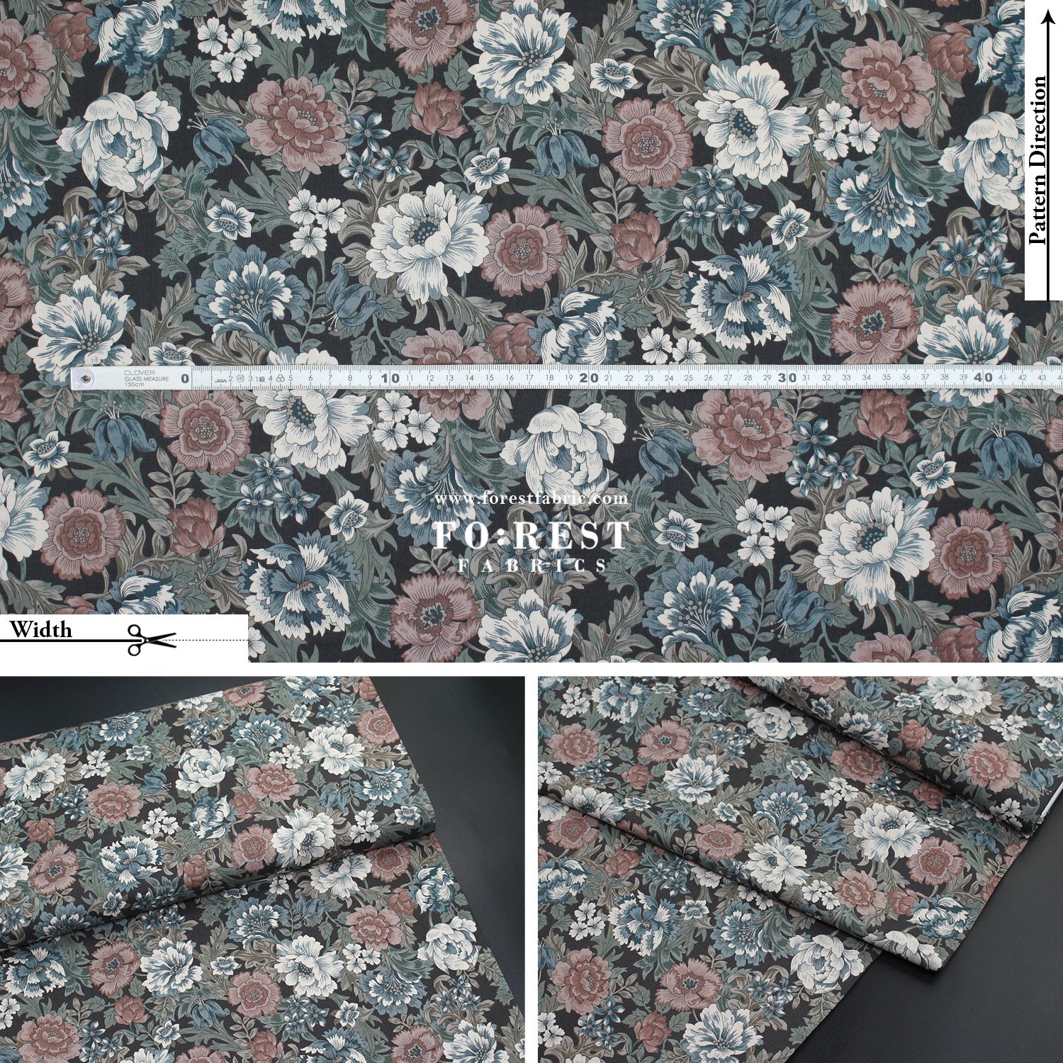 cotton - Gentle Flowers fabric Charcoal Black - FO:REST Fabric 布恩堂Liberty fabrictana lawnjapanese fabricykk zipper