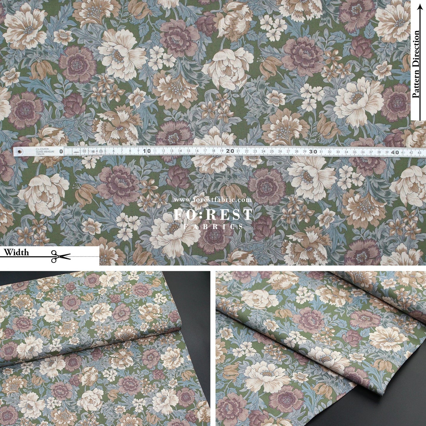 cotton - Gentle Flowers fabric Moss - FO:REST Fabric 布恩堂Liberty fabrictana lawnjapanese fabricykk zipper