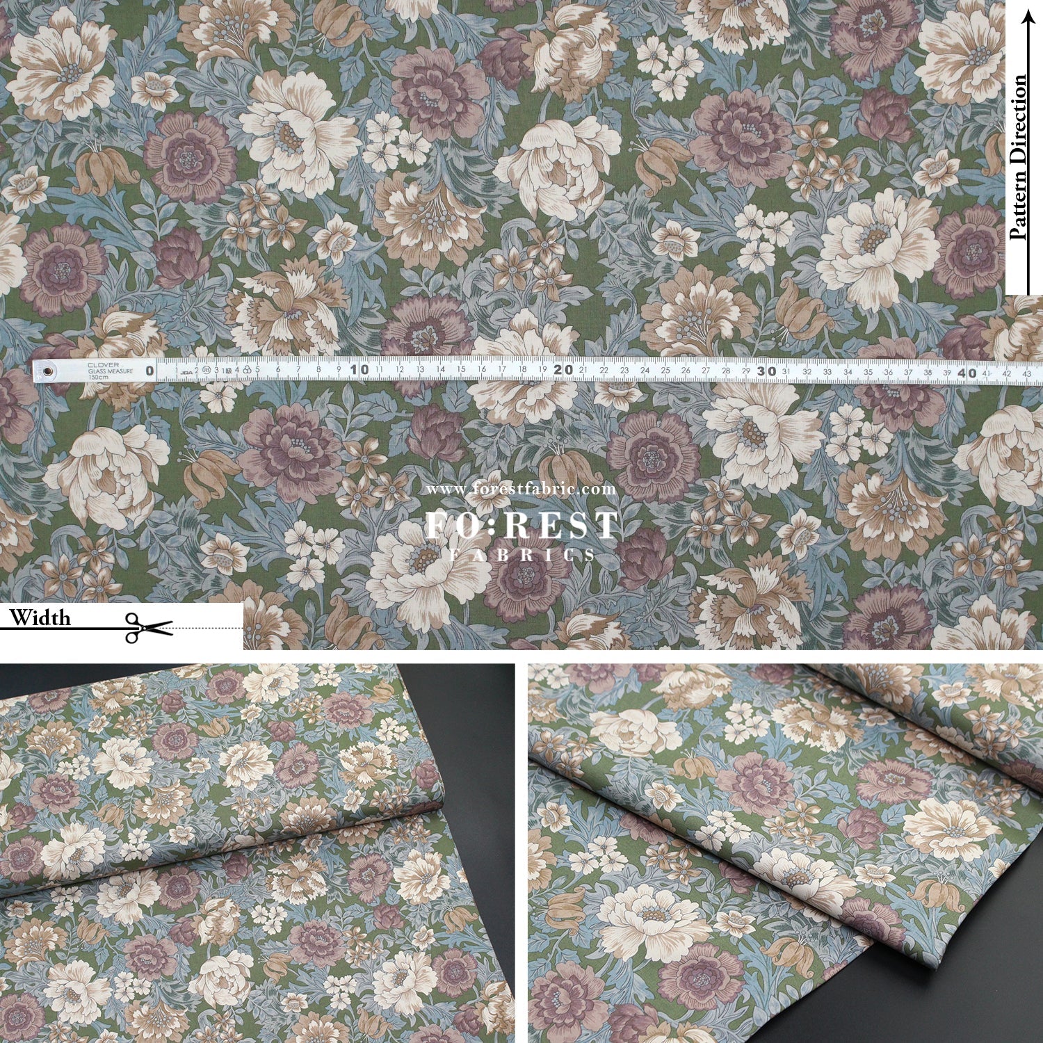 cotton - Gentle Flowers fabric Moss - FO:REST Fabric 布恩堂Liberty fabrictana lawnjapanese fabricykk zipper