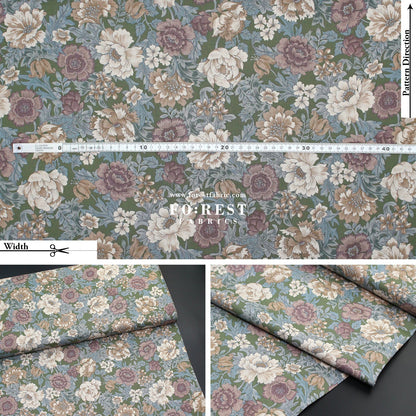 cotton - Gentle Flowers fabric Moss - FO:REST Fabric 布恩堂Liberty fabrictana lawnjapanese fabricykk zipper