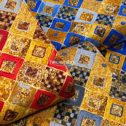 cotton - Gustav Klimt Cobalt Squares Metallic fabric Gold - FO:REST Fabric 布恩堂Liberty fabrictana lawnjapanese fabricykk zipper