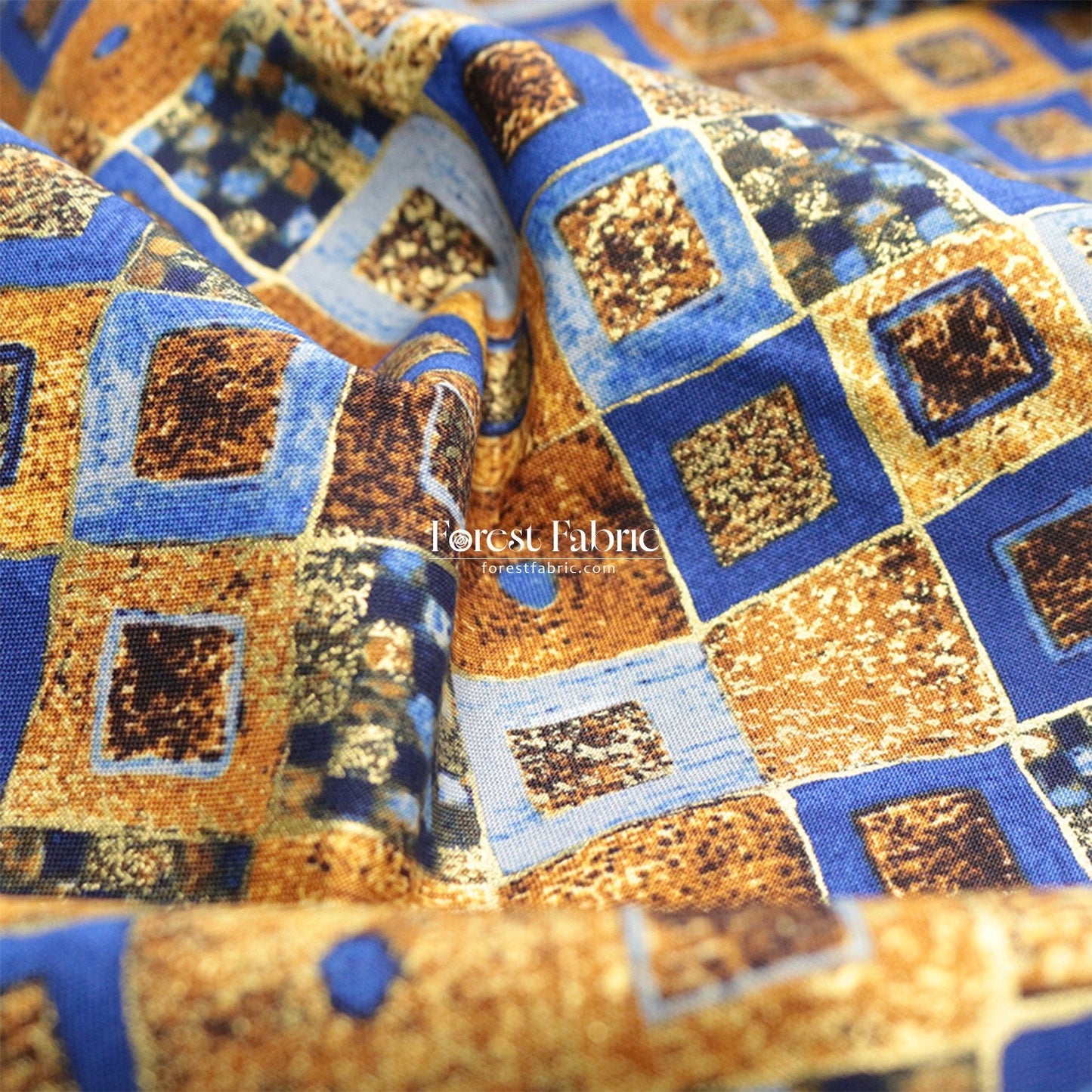 cotton - Gustav Klimt Cobalt Squares Metallic fabric Gold - FO:REST Fabric 布恩堂Liberty fabrictana lawnjapanese fabricykk zipper