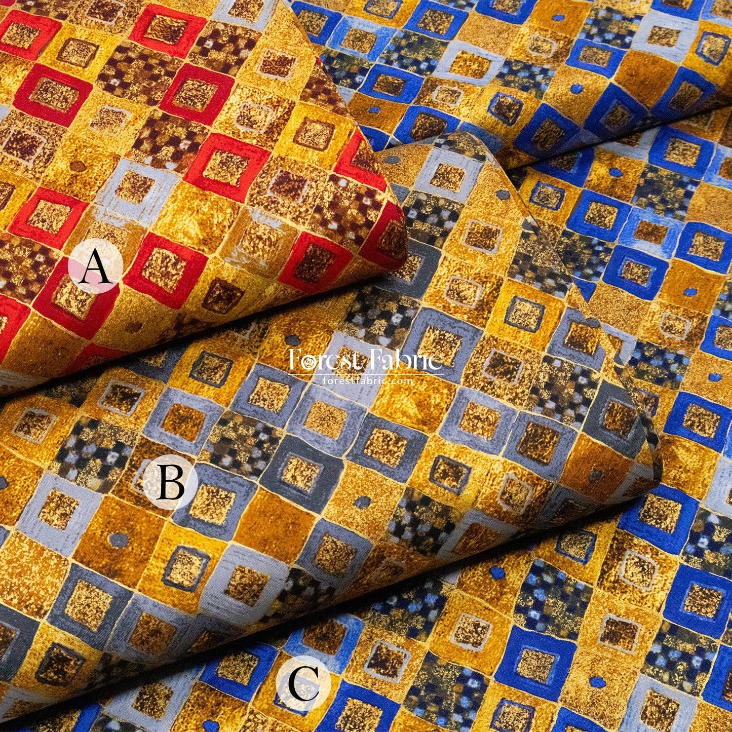 cotton - Gustav Klimt Cobalt Squares Metallic fabric Gold - FO:REST Fabric 布恩堂Liberty fabrictana lawnjapanese fabricykk zipper