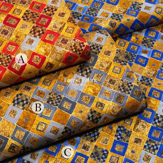 cotton - Gustav Klimt Cobalt Squares Metallic fabric Gold - FO:REST Fabric 布恩堂Liberty fabrictana lawnjapanese fabricykk zipper