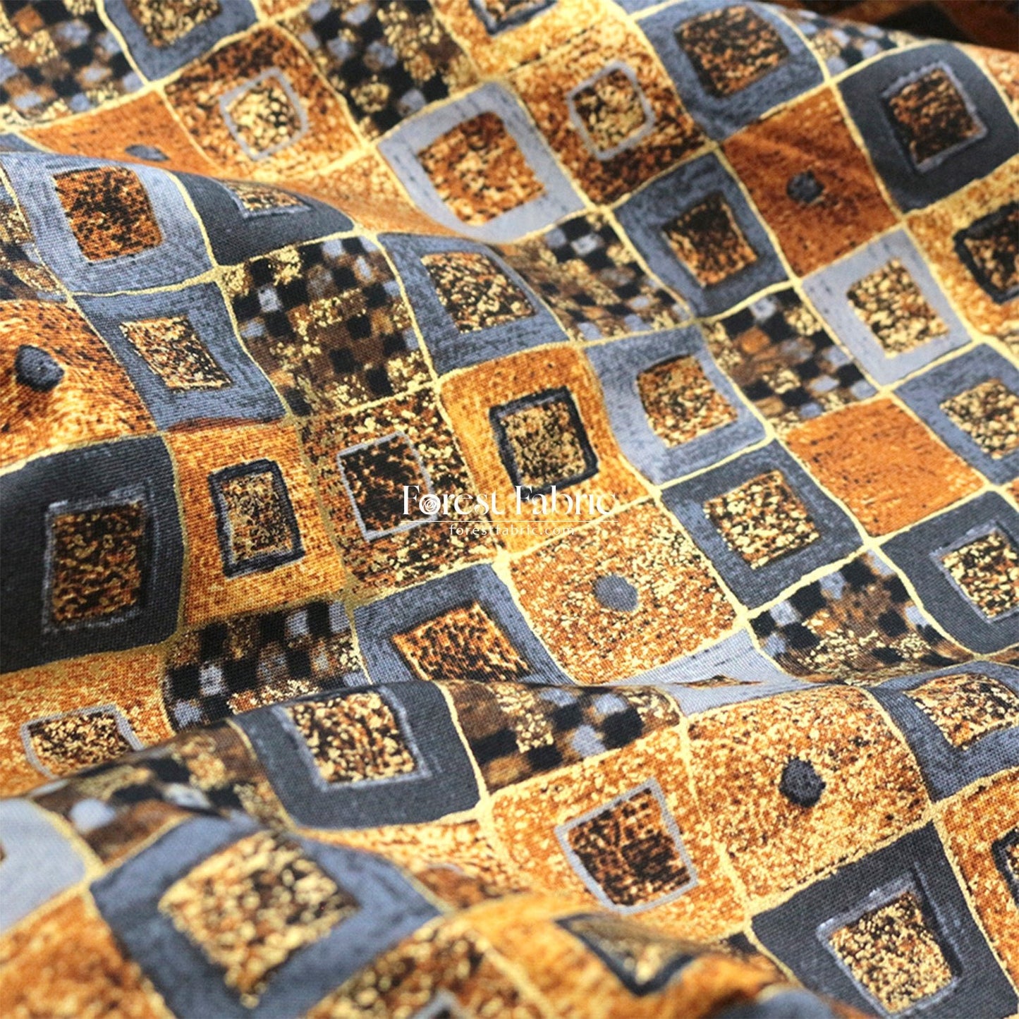 cotton - Gustav Klimt Cobalt Squares Metallic fabric Gold - FO:REST Fabric 布恩堂Liberty fabrictana lawnjapanese fabricykk zipper