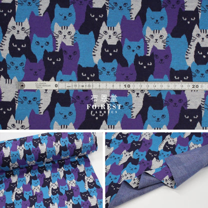 Cotton Knit Jacquard - Cat Blue Fabric Knit