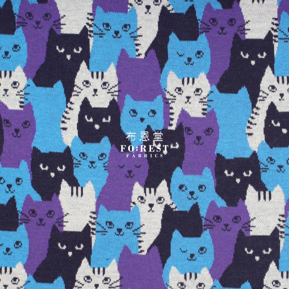 Cotton Knit Jacquard - Cat Blue Fabric Knit