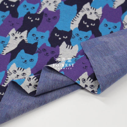 Cotton Knit Jacquard - Cat Blue Fabric Knit