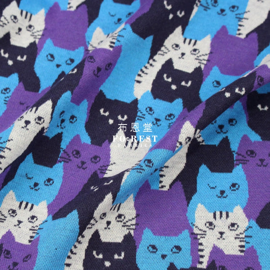 Cotton Knit Jacquard - Cat Blue Fabric Knit