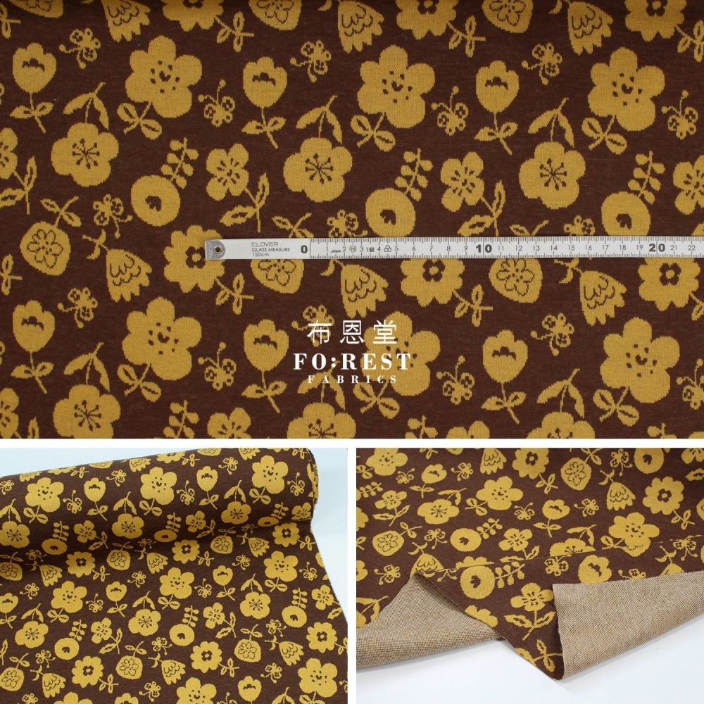 Cotton Knit Jacquard - Flower Brown Fabric Knit