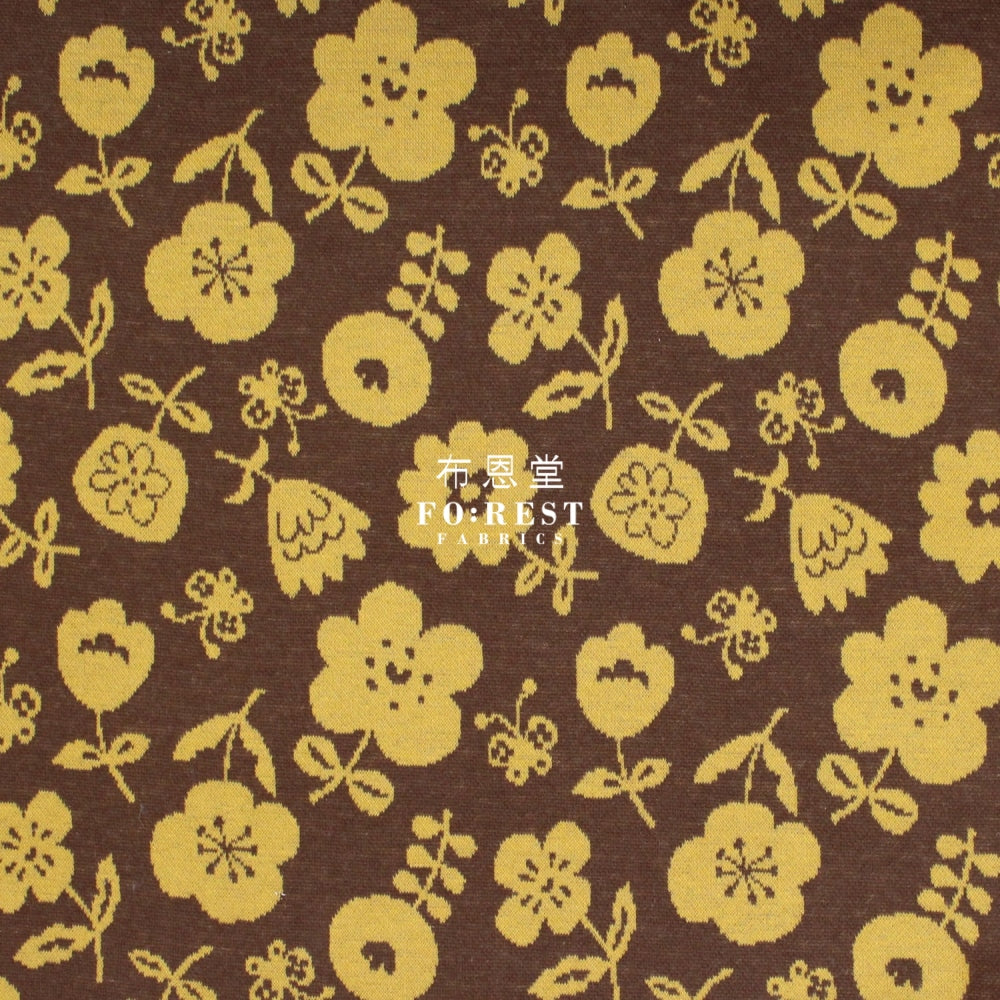 Cotton Knit Jacquard - Flower Brown Fabric Knit