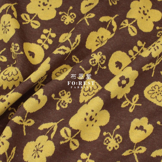 Cotton Knit Jacquard - Flower Brown Fabric Knit