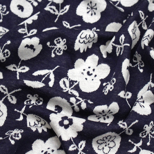 Cotton Knit Jacquard - Flower Fabric Navy Knit