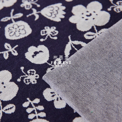 Cotton Knit Jacquard - Flower Fabric Navy Knit
