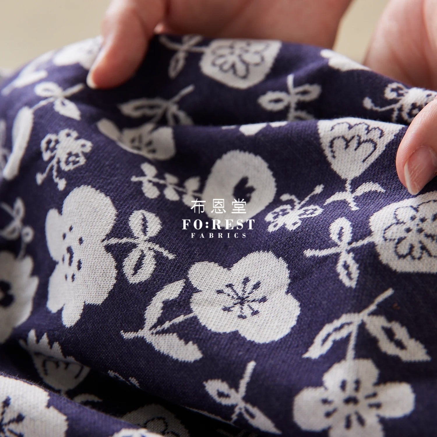Cotton Knit Jacquard - Flower Fabric Navy Knit