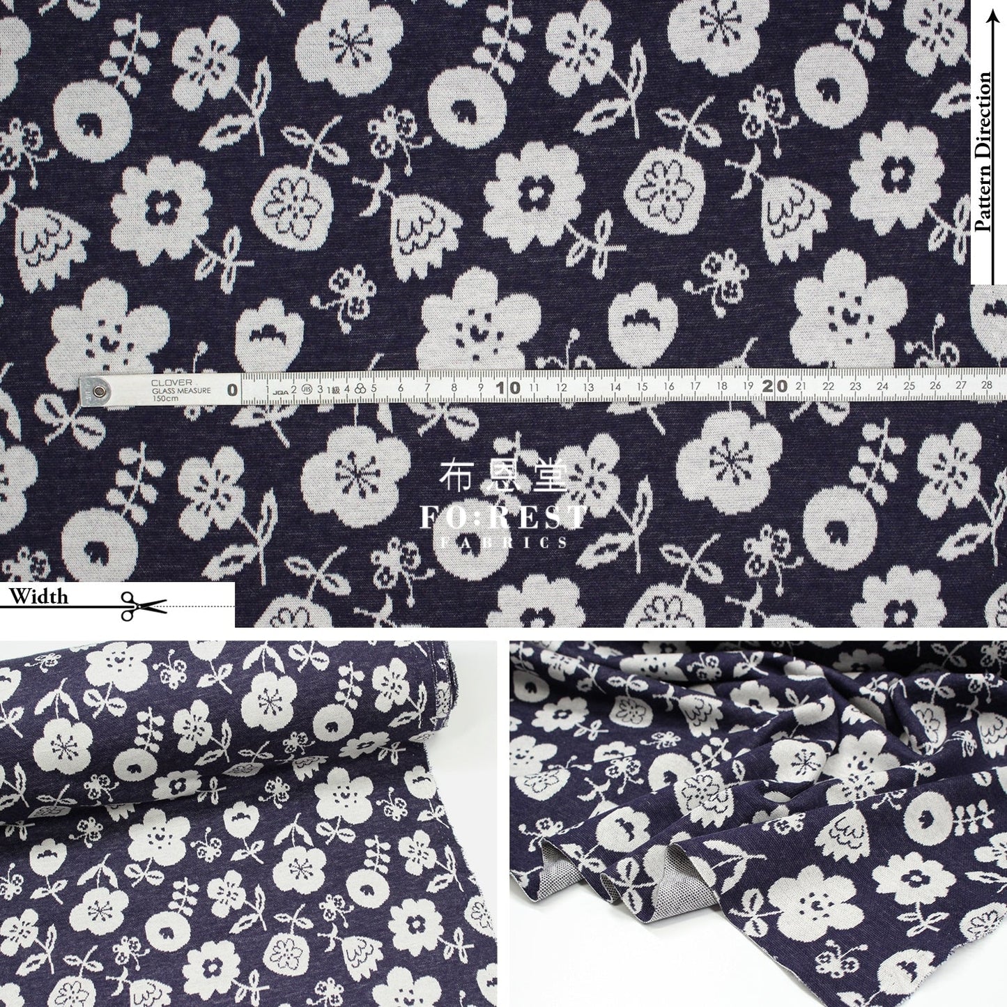 Cotton Knit Jacquard - Flower Fabric Navy Knit
