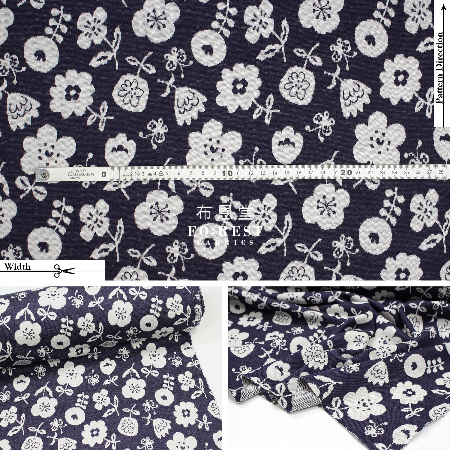 Cotton Knit Jacquard - Flower Fabric Navy Knit