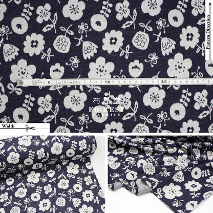 Cotton Knit Jacquard - Flower Fabric Navy Knit