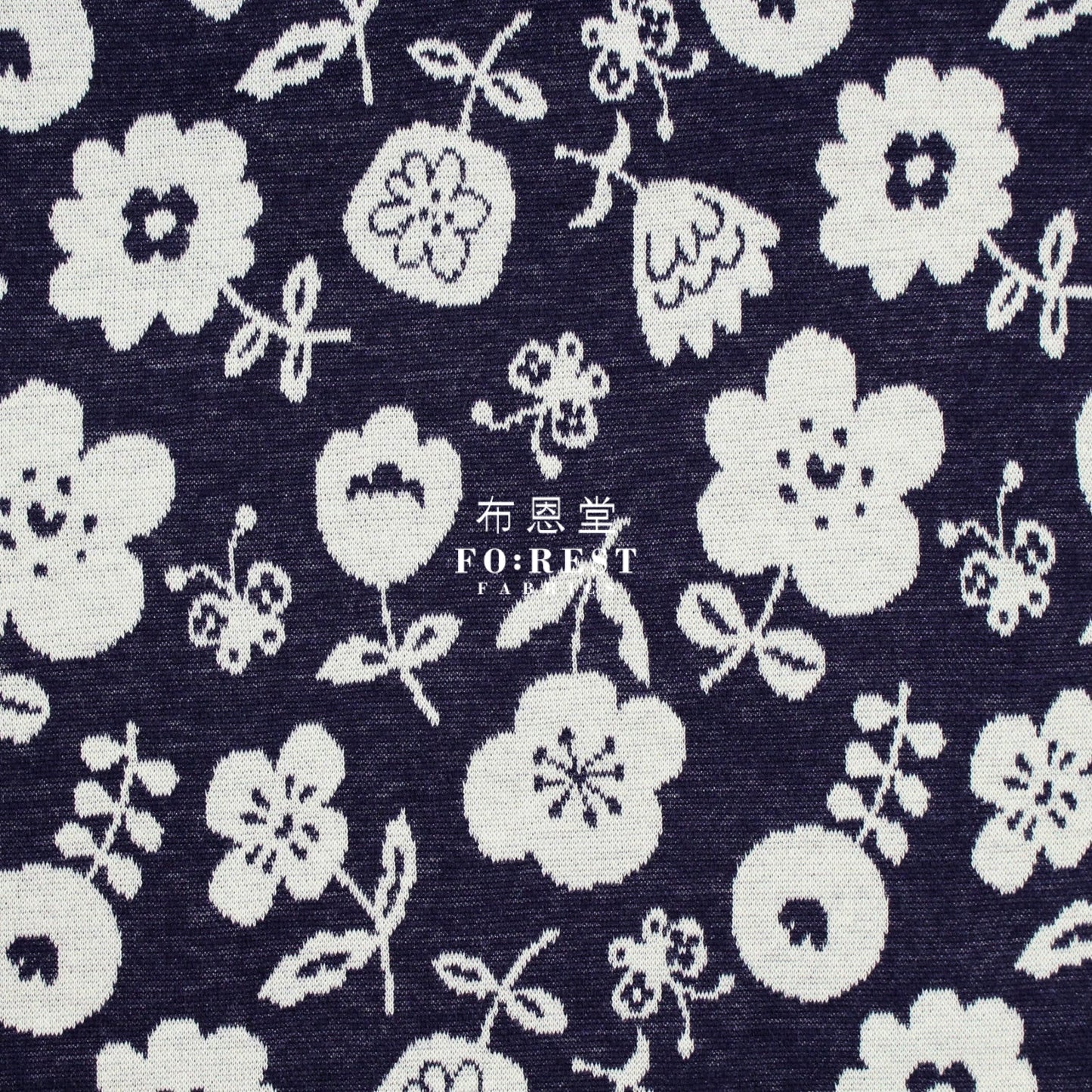 Cotton Knit Jacquard - Flower Fabric Navy Knit
