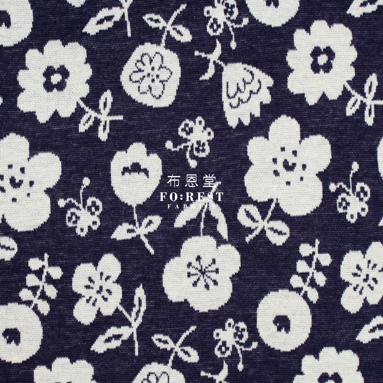 Cotton Knit Jacquard - Flower Fabric Navy Knit