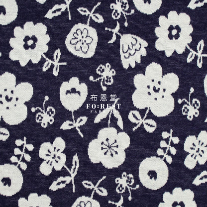 Cotton Knit Jacquard - Flower Fabric Navy Knit