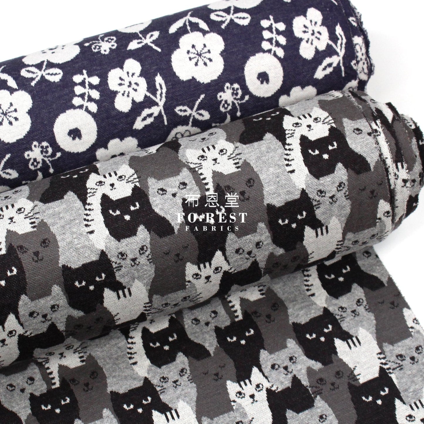 Cotton Knit Jacquard - Flower Fabric Navy Knit