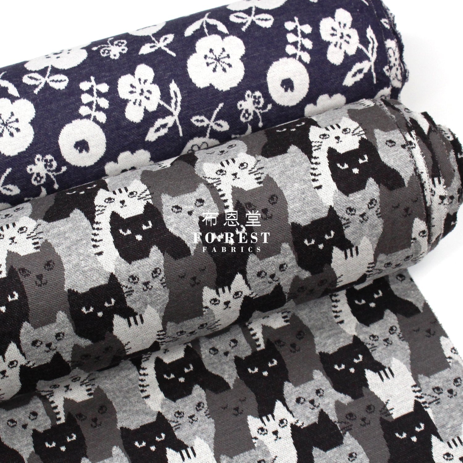 Cotton Knit Jacquard - Flower Fabric Navy Knit