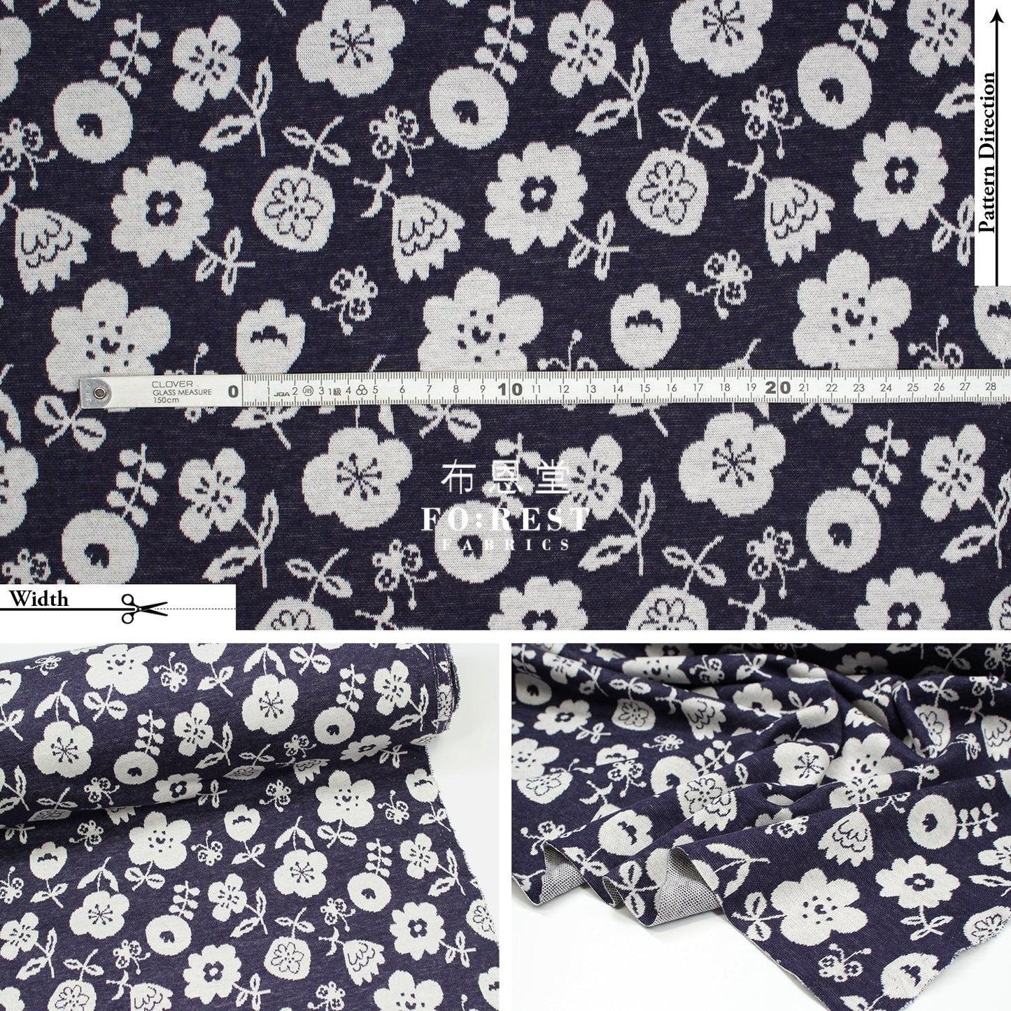 cotton knit jacquard - Flower Fabric Navy - FO:REST Fabric 布恩堂Liberty fabrictana lawnjapanese fabricykk zipper