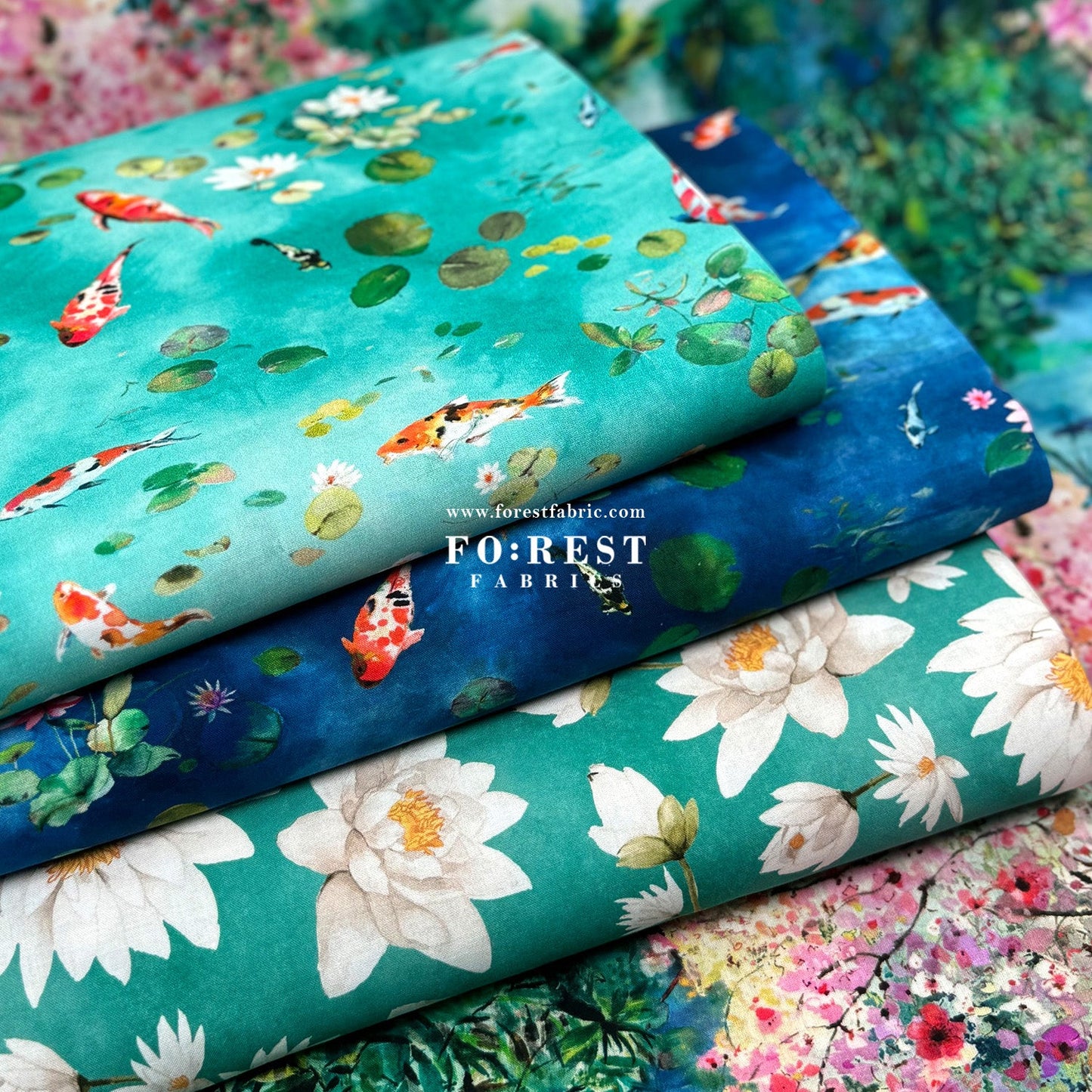 cotton - Koi and Lotus fabric - FO:REST Fabric 布恩堂Liberty fabrictana lawnjapanese fabricykk zipper