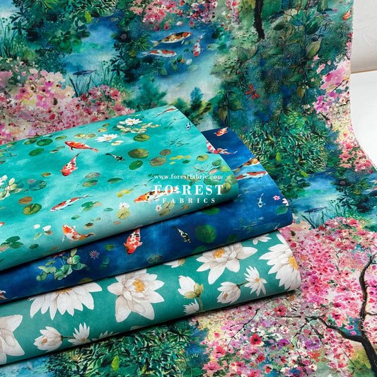 cotton - Koi and Lotus fabric - FO:REST Fabric 布恩堂Liberty fabrictana lawnjapanese fabricykk zipper