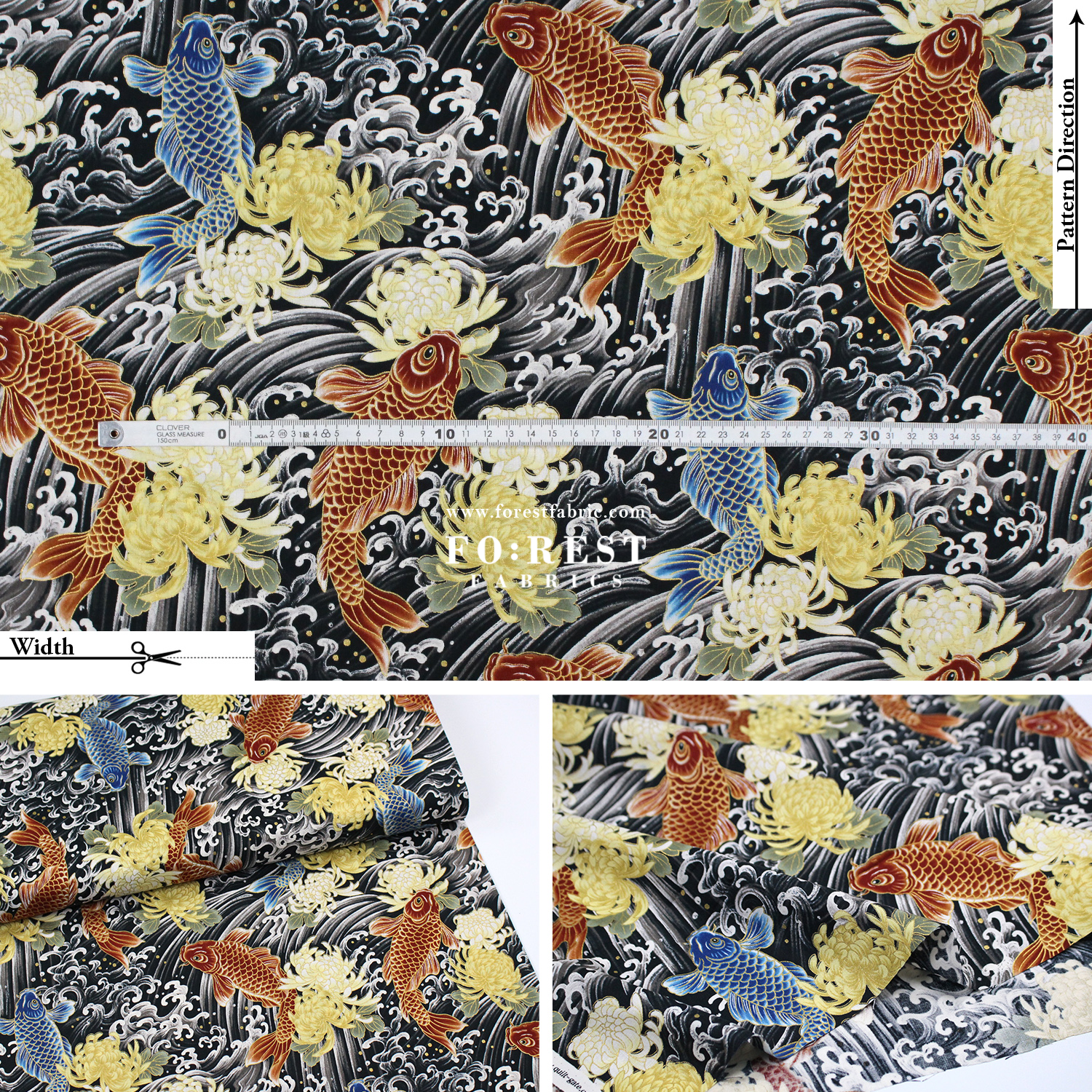 cotton - koi鯉躍龍門 fabric Black - FO:REST Fabric 布恩堂Liberty fabrictana lawnjapanese fabricykk zipper