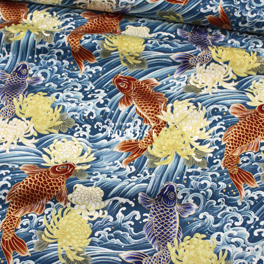 cotton - koi鯉躍龍門 fabric Blue - FO:REST Fabric 布恩堂Liberty fabrictana lawnjapanese fabricykk zipper