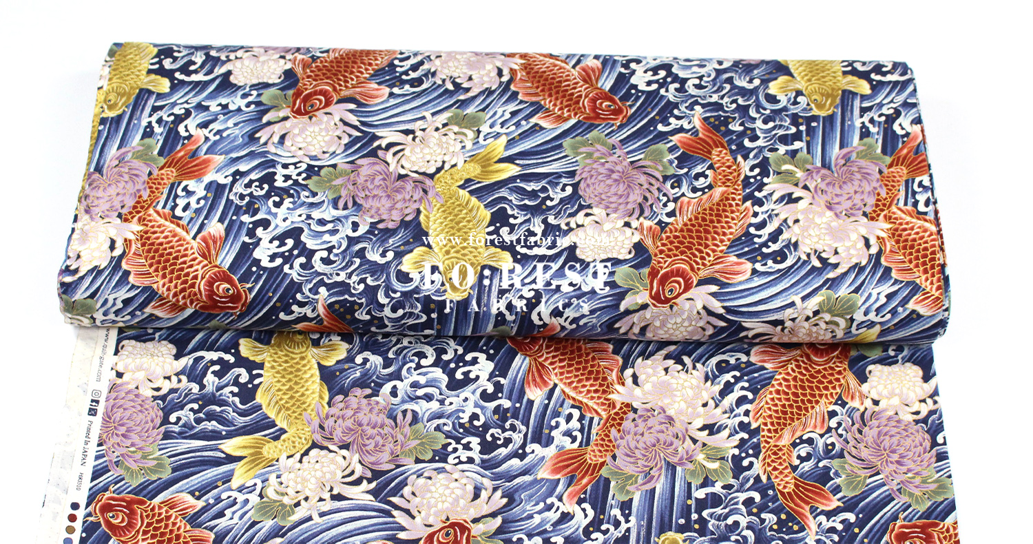 cotton - koi鯉躍龍門 fabric Navy - FO:REST Fabric 布恩堂Liberty fabrictana lawnjapanese fabricykk zipper