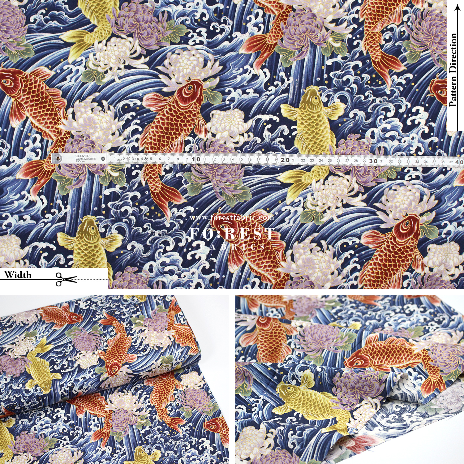 cotton - koi鯉躍龍門 fabric Navy - FO:REST Fabric 布恩堂Liberty fabrictana lawnjapanese fabricykk zipper