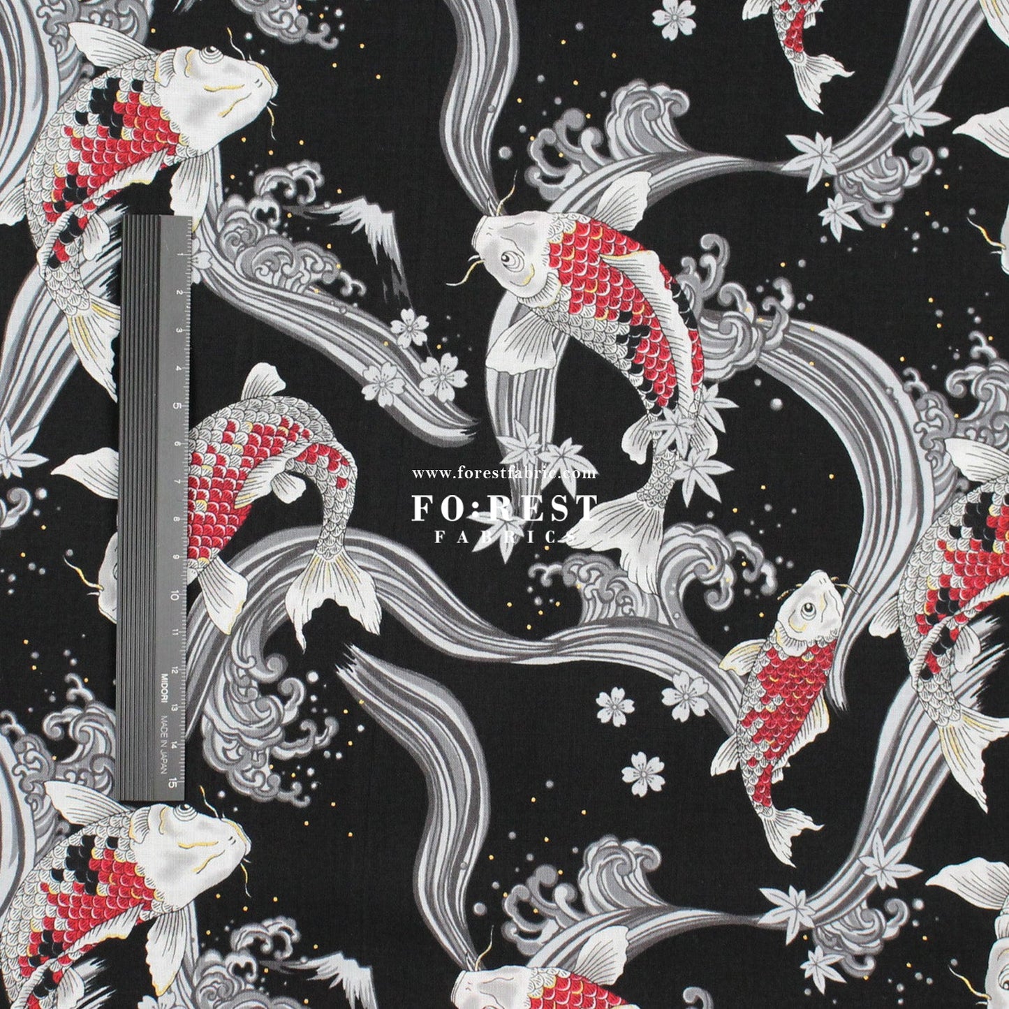 cotton - Koi Fuji mountain with metallic fabric Black - FO:REST Fabric 布恩堂Liberty fabrictana lawnjapanese fabricykk zipper